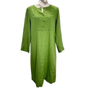 J.Jill Linen Pin Tuck‎ Tunic Shift Dress Green Embroidered Button Front Medium